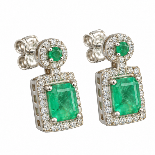 D147 ARETES BROQUEL ESMERALDA RECTANGULAR PLATA RODIO 925