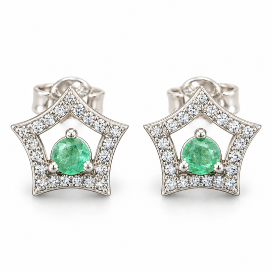 D155 ARETES BROQUEL ESMERALDA REDONDA PLATA RODIO 925