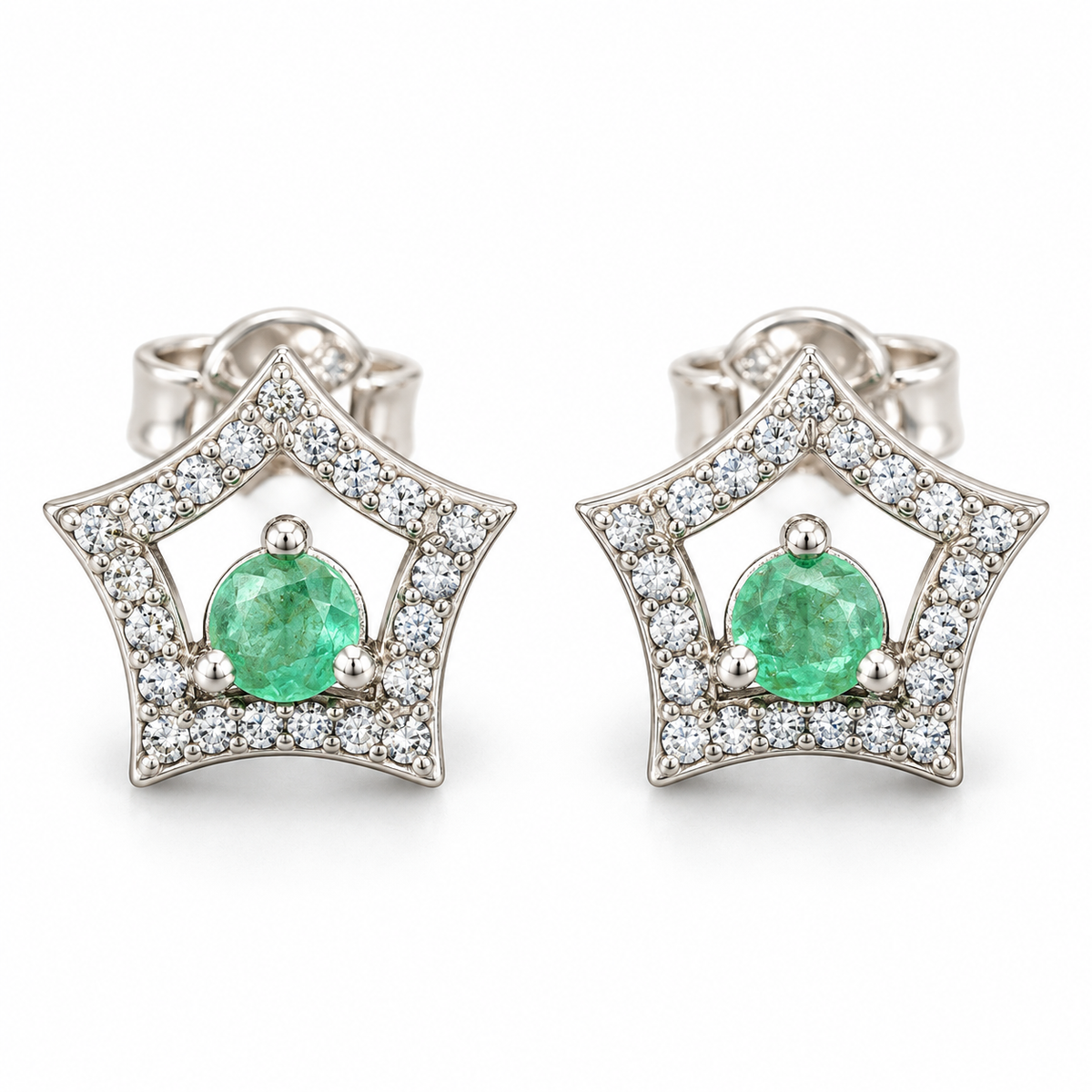 D155 ARETES BROQUEL ESMERALDA REDONDA PLATA RODIO 925