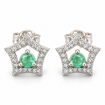 D155 ARETES BROQUEL ESMERALDA REDONDA PLATA RODIO 925