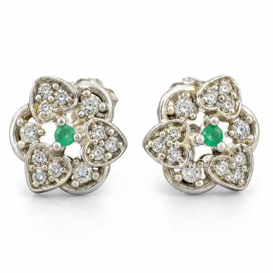 D157 ARETES BROQUEL ESMERALDA REDONDA PLATA RODIO 925