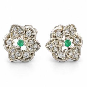 D157 ARETES BROQUEL ESMERALDA REDONDA PLATA RODIO 925