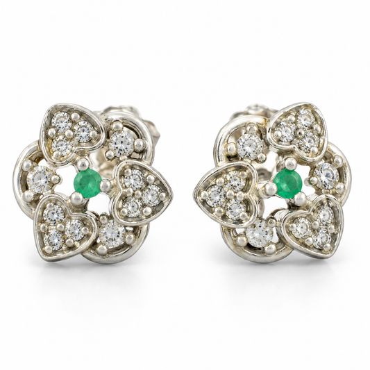 D157 ARETES BROQUEL ESMERALDA REDONDA PLATA RODIO 925