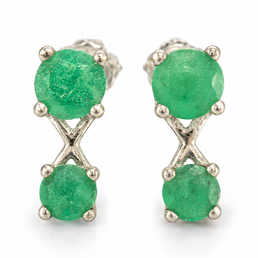 D160 ARETES BROQUEL ESMERALDA REDONDA PLATA RODIO 925