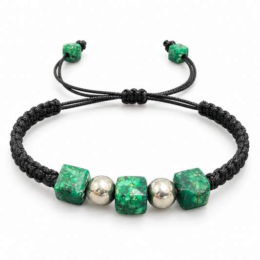 D81 PULSERA TEJIDA ESMERALDA ENCAPSULADA CUBO PLATA RODIO 925