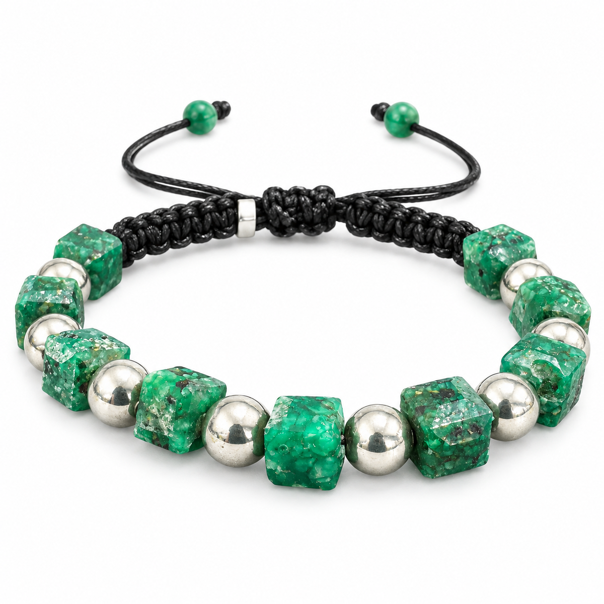 D82 PULSERA TEJIDA ESMERALDA ENCAPSULADA CUBO PLATA RODIO 925