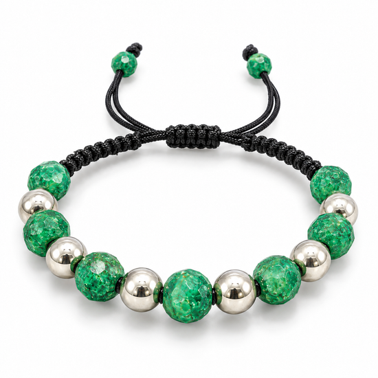 D85 PULSERA TEJIDA ESMERALDA ENCAPSULADA ESFERA PLATA RODIO 925