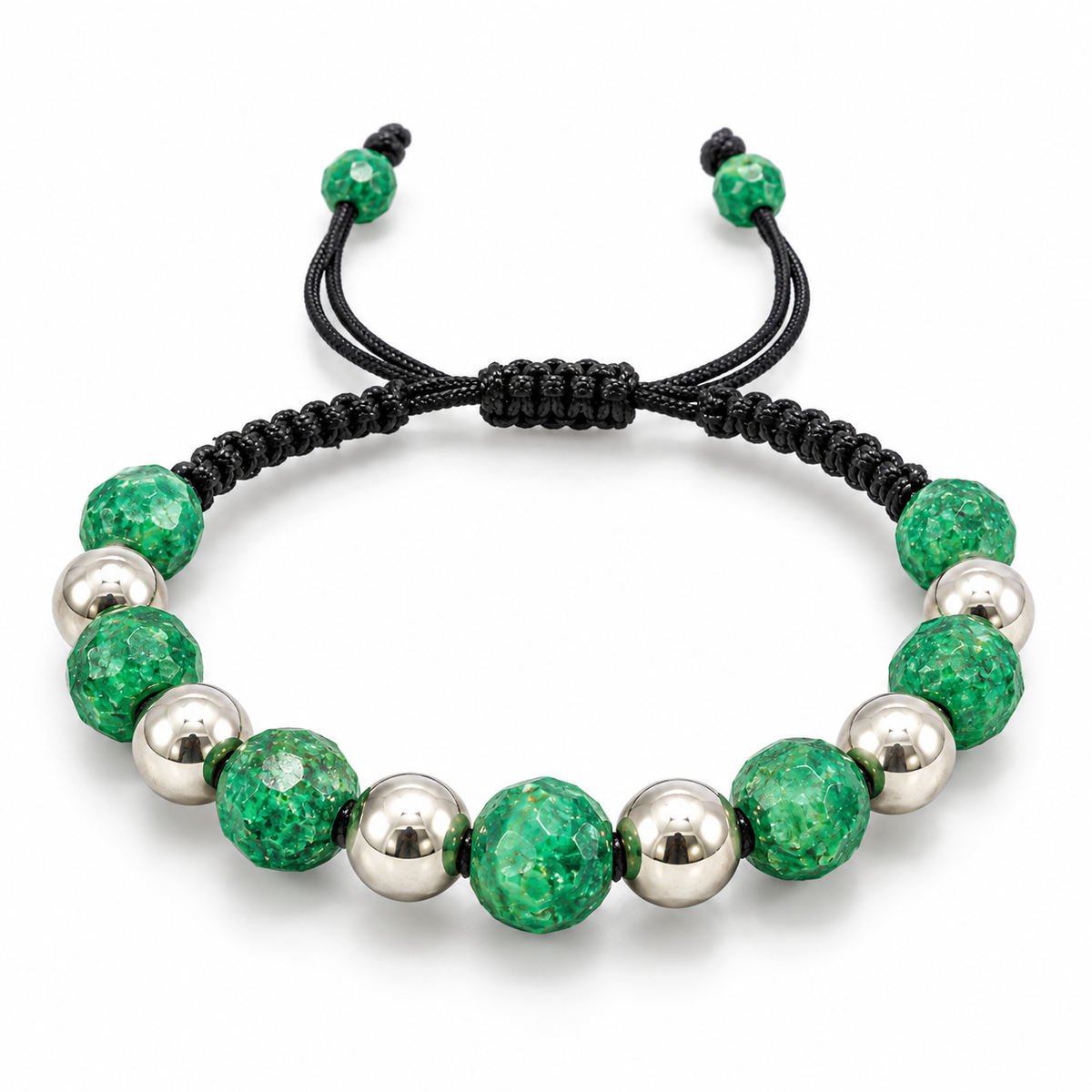 D85 PULSERA TEJIDA ESMERALDA ENCAPSULADA ESFERA PLATA RODIO 925