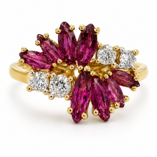 D6 ANILLO  FLORAL RUBI MARQUISE ORO AMARILLO 14K